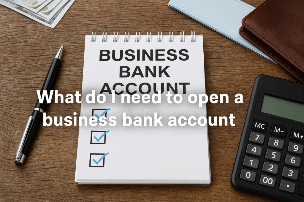 Checklist and office items on a wooden desk illustrating the steps and documents required to open a business bank account