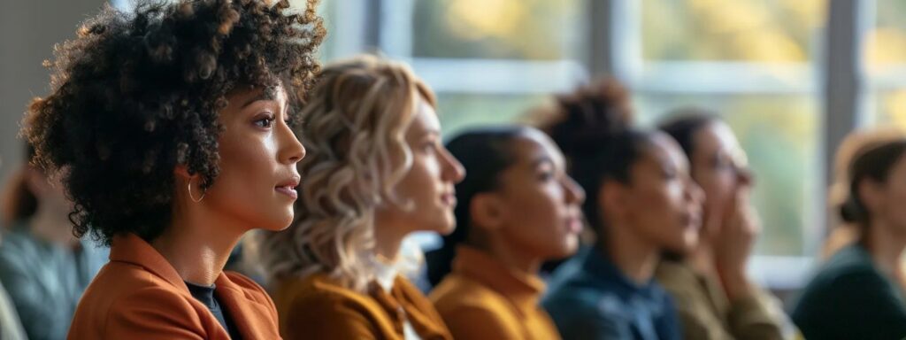 A group of women seated in a row, participating in a discussion about a customer segmentation program.